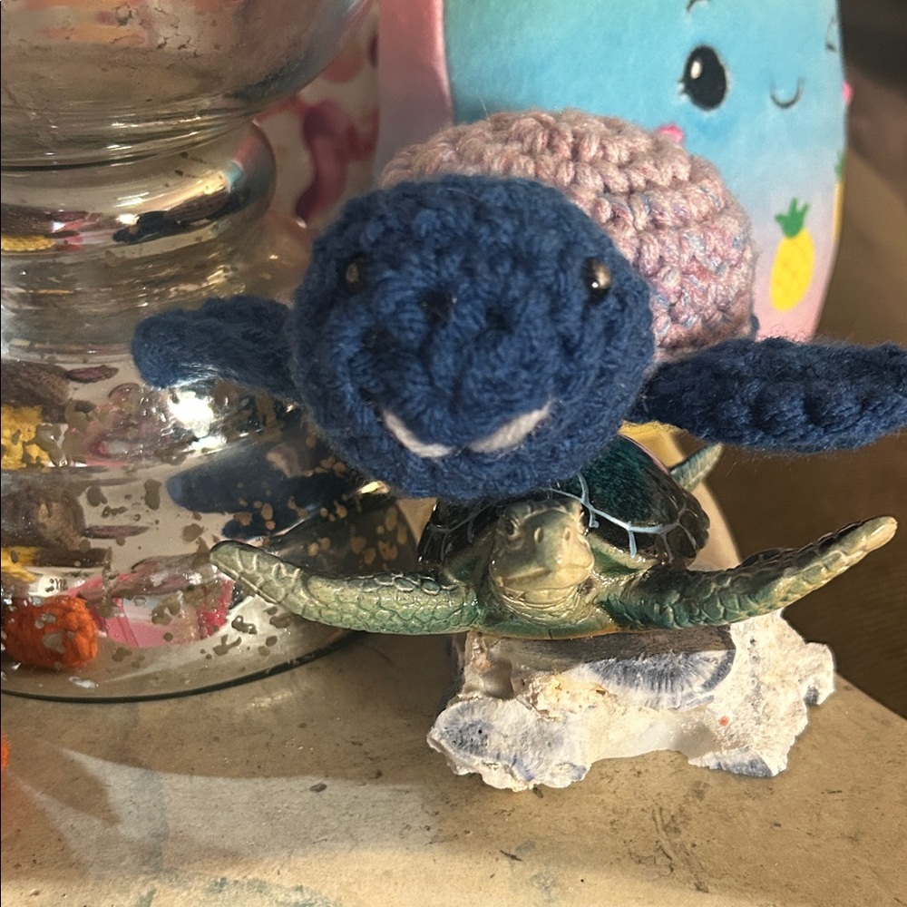 Handmade Crocheted Blue and Pastel Stuffed Tommy Turtle Plush